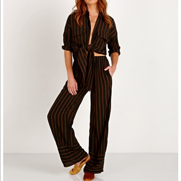 Faithfull the Brand Havana Pants Mazur Stripe Espresso Wide Leg - Picture 1 of 10